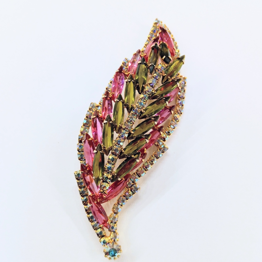 Vintage HUGE Stunning Leaf Rhinestone Brooch